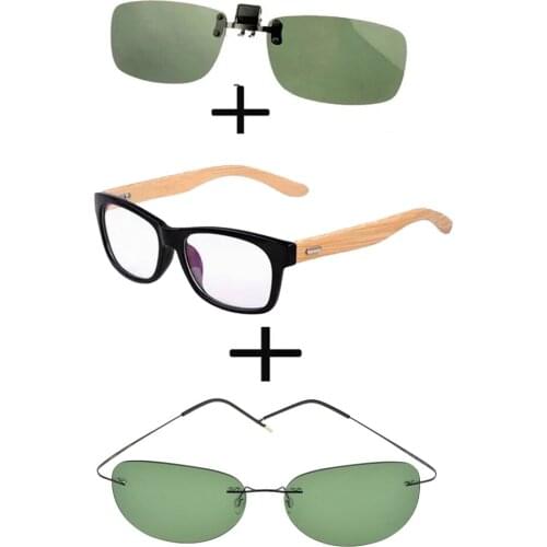 3Pcs!!! Comfortable Wood Squared Frame Reading Glasses Men Women + Alloy Polarized Sunglasses Pilot Driving + Sunglasses Clip
