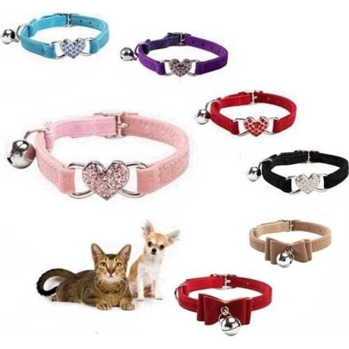 50Pcs/Lot 5 Colors Dog Heart Charm And Bell Collar Puppy Cat Safety Elastic Adjustable Collar With Soft Velvet Material