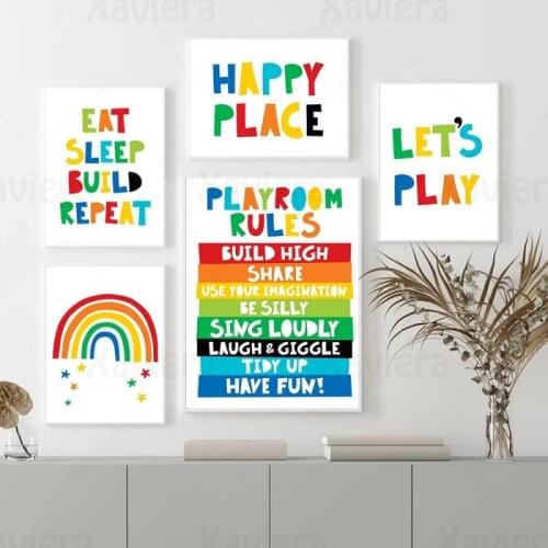 Kid Nursery Poster Nordic Wall Art Cartoon Rainbow Happy Play Quotes Canvas Painting Children Room Playroom Decoration Unframed
