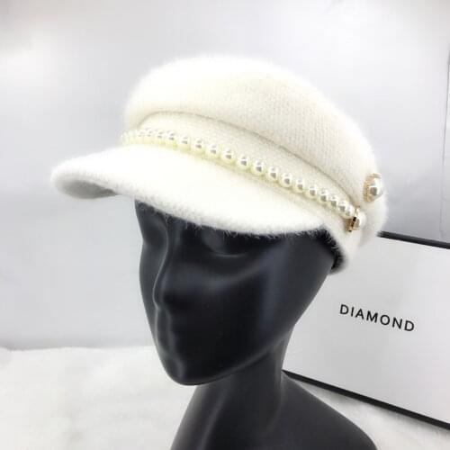 European Fisherman Cap Elegant Vintage Mink Fur Warm Navy Cap Pearl Chain Casquette Cap Winter Warm Femme Beret Hat