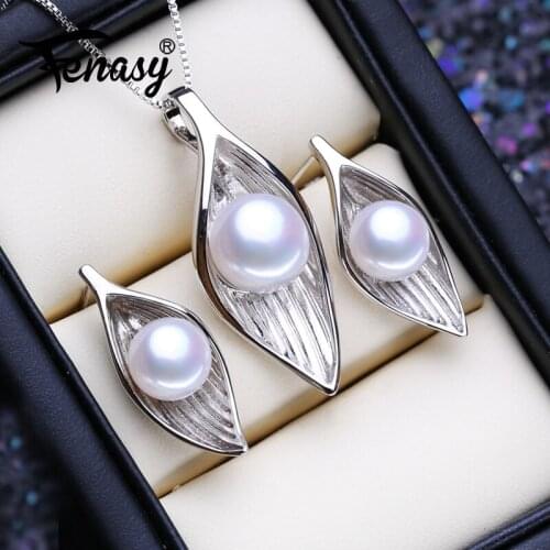 FENASY 925 Sterling Silver Jewelry Sets Natural Freshwater Pearl Earrings Party Pendant Necklaces For Women