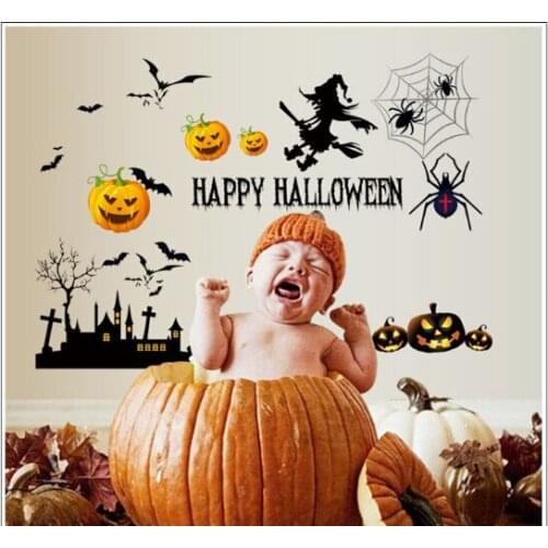 Halloween Terror pumpkin lantern Bat spider Wall Sticker home decor Witch On Broom decal wallpaper wall mural pvc wall art