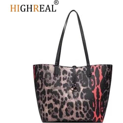 HIGHREAL Fashion Leopard Print Womens Handbag Large Capacity Shopping Bag Female PU Leather Totes Composite Bag 2 Sets