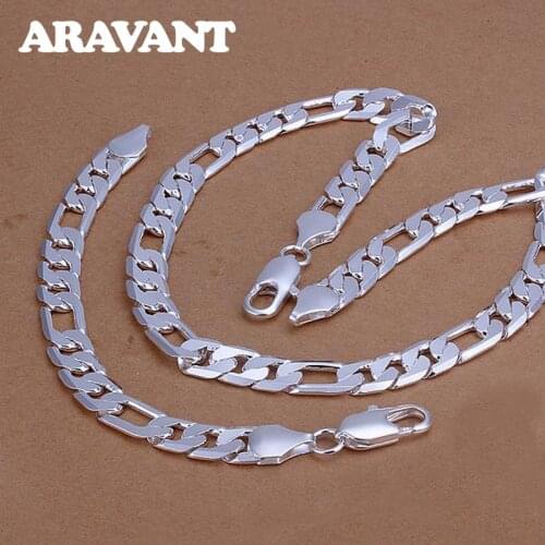 925 Silver 12MM Flat Necklace Bracelets Set For Men Women Fashion Jewelry