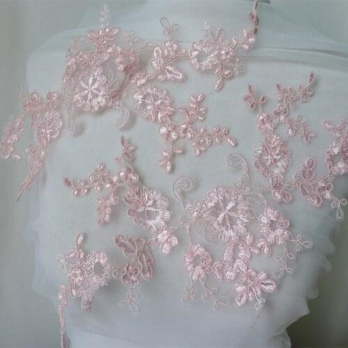 2 Colors Embroidered Floral Alencon Lace Trim, Pink Corded Lace Applique On Mesh, Wedding Dress Trimming Lace, Bridal Gown Lace