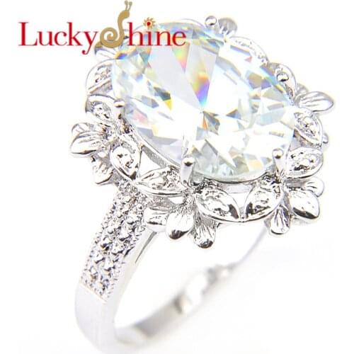 Luckyshine 925 Silver Decorative Border Rings for Women Oval Gems Zircon Flower Ring Weddings Jewelry Gift For