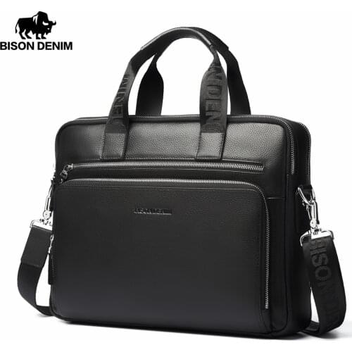 BISON DENIM Men Bag Genuine Leather Briefcases14" Laptop Bag Mens Business Crossbody Bag Messenger/Shoulder Bag For Man N2333-3