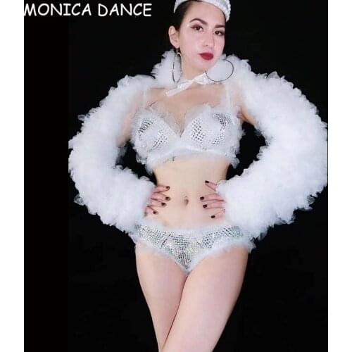 Nightclub Sexy Stage Silver Rhinestones White Lace Bra Short Shawl Birthday Outfit Set Women Bikini Dance Team Prom Party Outfit