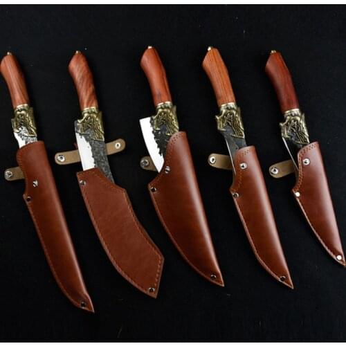 Longquan Sharp Machete Cleaver Boning Chopper Viking Barbecue Knife Handmade Forged Steel Kitchen Knives Set Copper Dragon Decor