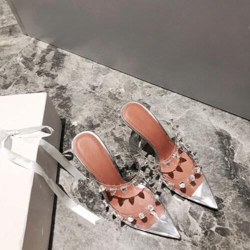Casual Designer women shoes real leather pvc clear Transparent spikes point toe high heels sandalias de las mujeres mujer