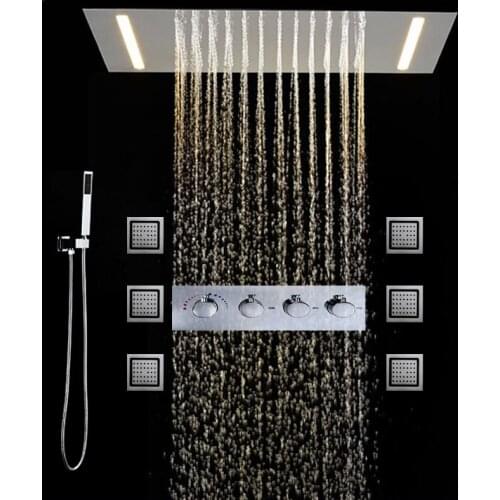 Luxury Rainfall LED Shower Kit Big 2 Lights Showerhead Thermostatic Mixer Faucets 6pcs Massage Shower Body Jets Conceal Mounted