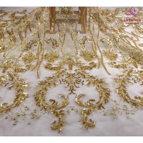 La Belleza new beaded beading sequins wedding dress lace fabric Gold super shinny gown lace fabric,high quality lace 1 yard
