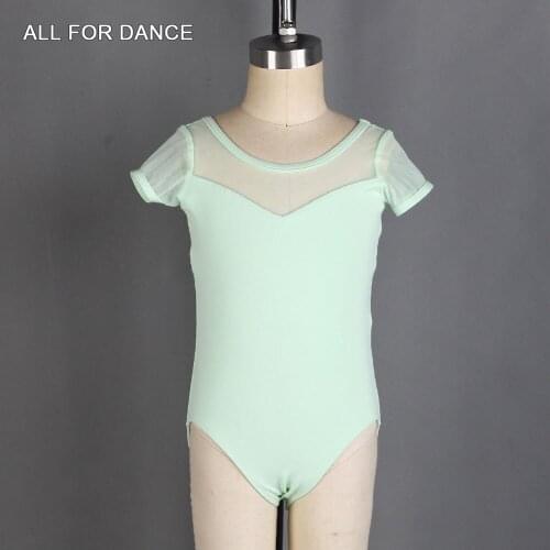 Short Sleeve Cotton and Mesh Leotard for Children Ballet Dancing Practice Bodywear Low Back Ballet Leotards 03D0014