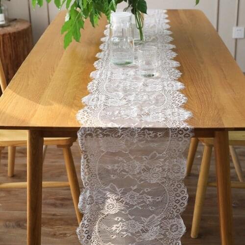 1pcs 35x300cm White Floral Lace Table Runner Black Table Cover Chair Sash for Banquet Baptism Wedding Party Table Decoration