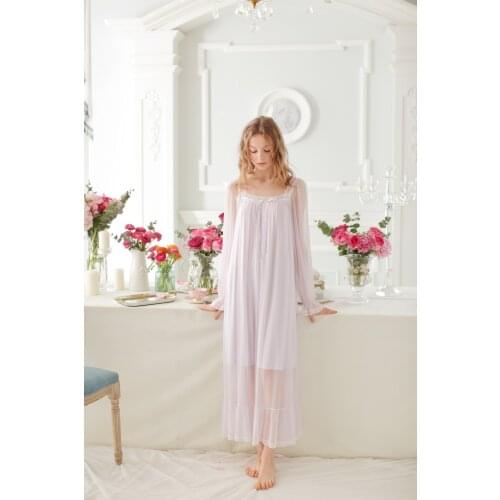 Free Shipping 2017 New Spring Princess Nightdress Royal Pyjamas Womens Long Nightgown Lace Sleepwear Modal 3 Color Nightshirt