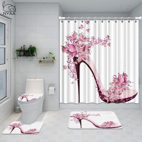 Black Shower Curtain Pink High Heels Bathroom Curtains with Hooks Non-Slip Rugs Toilet Lid Cover Mat Carpet Set Home Decor