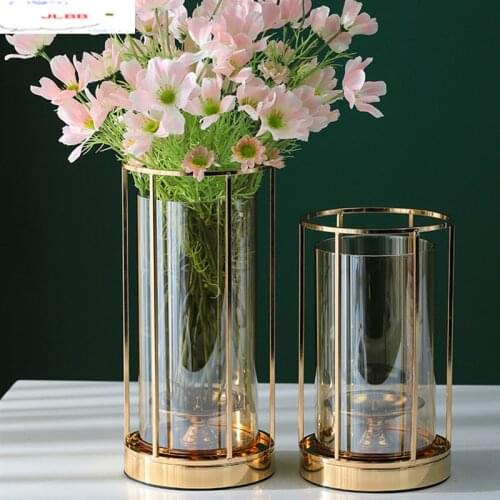 Flower Arrangement Desktop Metal Glass Vase with Artificial Flowers Nordic Decoration Decorations Dried Flower Vase Candlestick