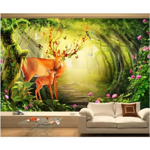 Custom photo mural 3d wallpaper Forest flowers Deer mother and son home decor in the living room wallpaper for walls 3 d
