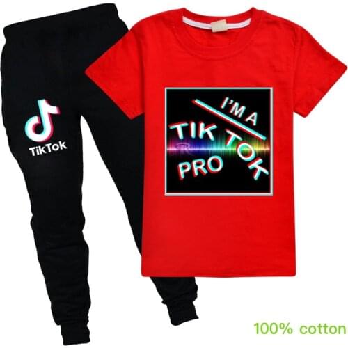 TIK TOK childrens clothing boys and girls print casual sports round neck short-sleeved T-shirt + fashion pants set