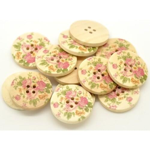 Wood Sewing Button Scrapbooking Round Natural 4 Holes Flower Pattern 3cm(1 1/8")Dia,5 PCs new