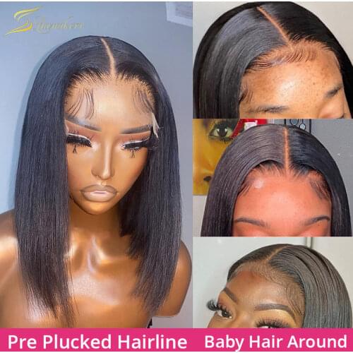 Short Bob Closure Wigs 150 Density Brazilian Straight Lace Front Human Hair Wigs 4x4 Lace Closure Wig Blunt Cut Remy Pre Plucked