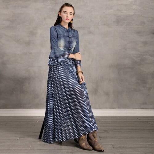 2020 Summer new stitching denim long dress retro polka dot pleated dress summer