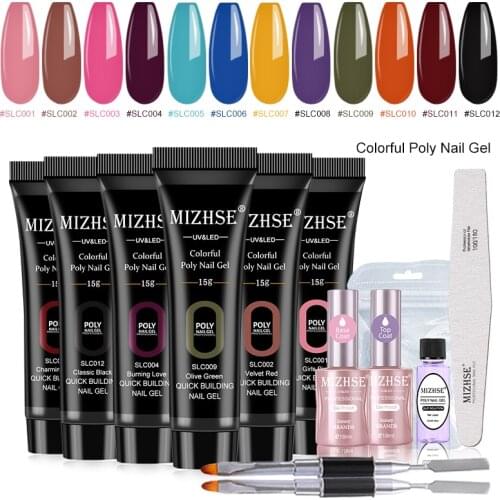 MIZHSE Color Poly Nail Gel Art Kits UV Gel 12 Colors UV Builder Gel Nail Polish Building Finger Extension Gel Top Base Coat
