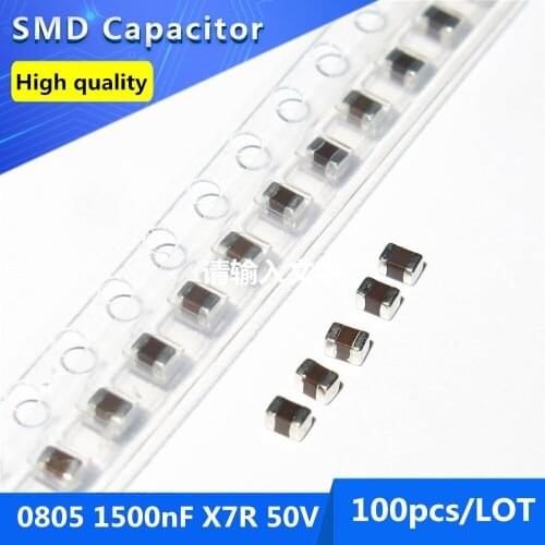 100pcs 0805 1500nF 1.5UF X7R 50V 10% Thick Film Chip Multilayer Ceramic Capacitor