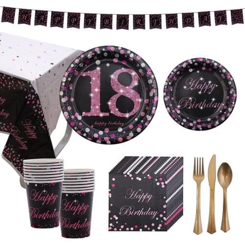 Happy 18th Birthday Disposable Tableware Set Decor 18 Years Old Glitter Paper Plate Napkin Tablecloth 18th Birthday Party Decor