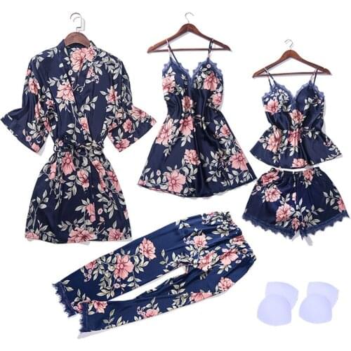 New 2018 Summer Women Silk Bride Robe Tops Shorts Pajamas Sexy Long Sleeve Wedding Robes Set Camisole Lace Nightwear 5 PCS