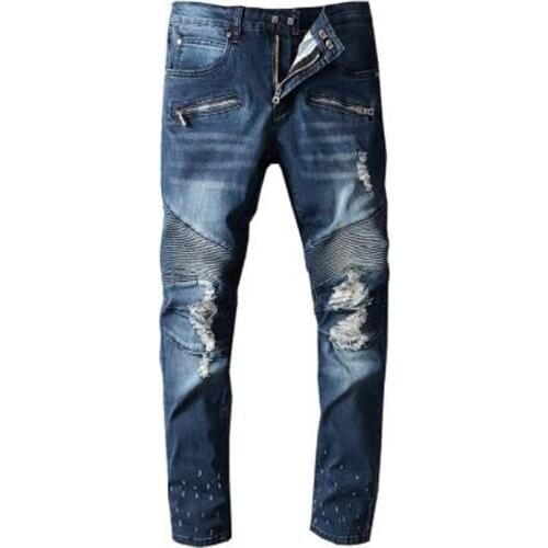 New Mens male fashion dark blue pleated ripped biker jeans Plus size holes distressed slim stretch denim pants trousers 1088