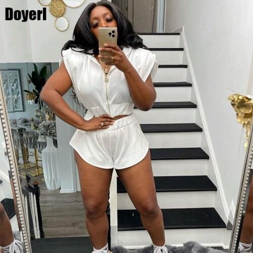 Solid Hooded 2 Two Piece Set Women Track Suit Short Femme Sportwear Zipper Crop Top Biker Shorts Set Matching Sets Casual Outfit