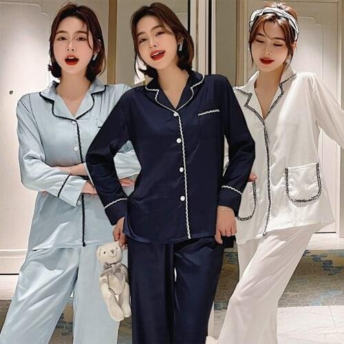 2021 Autumn Long Sleeve Silk Satin Outfits Pajama Sets for Women Korean Sleepwear Suit Pyjama Homewear Pijama Mujer Home Clothes