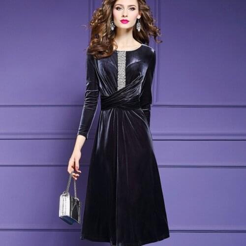 Dress autumn Solid Runway 2021 new Nail bead Women winter velvet Dress Plus Size Retro ladies Long sleeves party dresses A-Line
