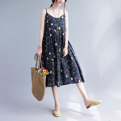 2021 New Cotton Linen Vintage Print Sleeveless Summer Dress Female Dress Loose Large Size Casual Women Sling Dresses aq367