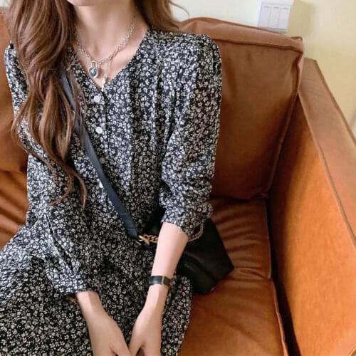 Spring Summer Print Korean Chiffon Dress Women Party Dress V Neck Sexy Dress Boho Beach Female Floral Print Dresses for Women