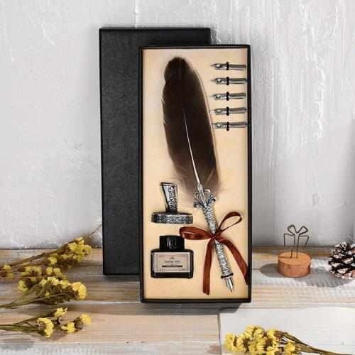 Retro Feather Pen Set Birthday New Year Gift Valentines Day Oblique Pen Ink Carving Set Feather Pen Set