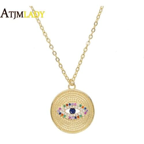 Luxury AAA sparking cubic zirconia bohemia boho turkish evil eye coin pendant necklace with rainbow colorful cz fashion jewelry