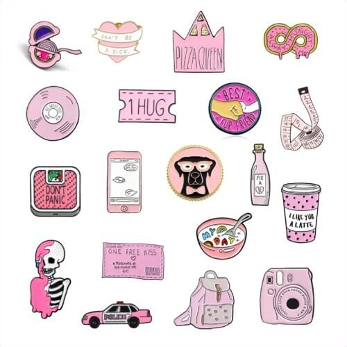 Pink Cartoon Enamel Brooch Animal Dog Bag Wishing Bottle Cell Phone Weight Scale Badge Crown Round Heart Shape Pin Jewelry Gift