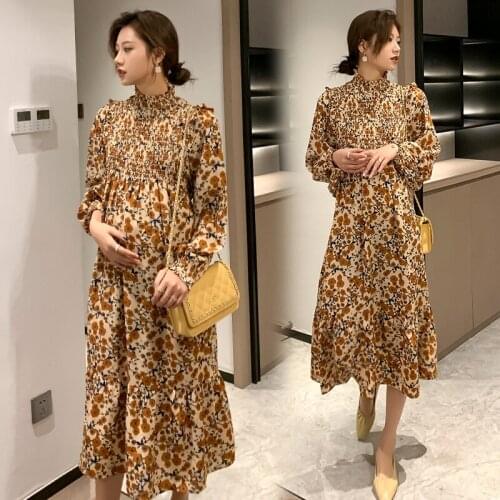 243# Maternity Clothes Spring Autumn Chiffon Floral Dress Long Sleeves Loose Stylish Dress Pregnant Women Mom Dress