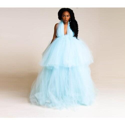 Light Blue Women Summer Dress Elegant Tulle Dresses Halter Ruffles Layered Dress Woman Ballgown Prom Dress Custom Made