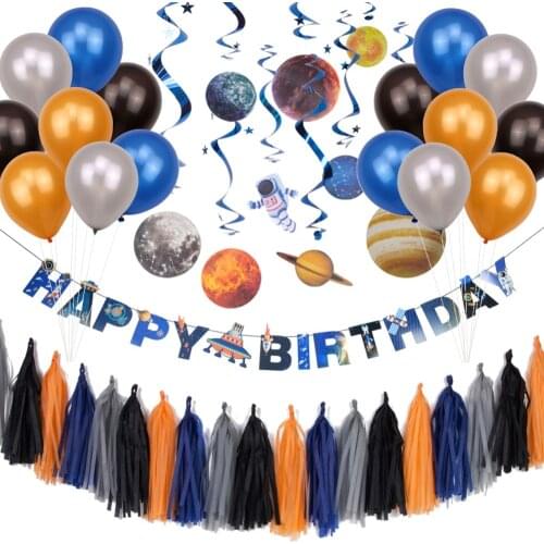 Outer Space Party Decorations Solar System Hanging Swirl Decorations UFO Happy Birthday Banner Latex Balloons Tassel Garland