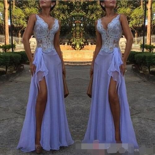 Lavender Purple Lace Applique V-Neck Mermaid Evening Dresses Split Special Occasion Dresses Striking Prom evening dress 2019