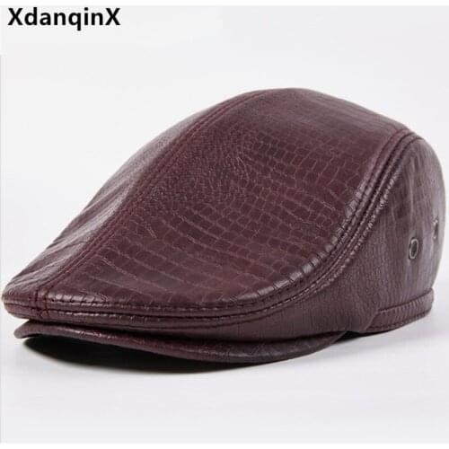 XdanqinX New Autumn Winter Mens Cap Natural Genuine Leather Caps Plus Velvet Warm Berets Sheepskin Leather Thermal Earmuffs Hat
