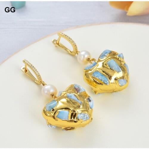 GuaiGuai Jewelry Natural Blue Larimars White Pearl Gold Color Plated Heart-Shaped Dangle Lever back Earrings Trendy For Women