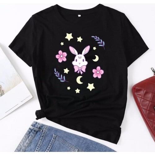 2021 Summer High Quality Sakura Bunny Print Short Sleeve Shirt Anime Oversized Women Ttshirts Harajuku T-Shirt Sakura cat tee