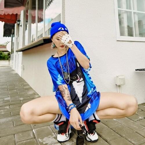 2019 Street Costumes Blue Black Cat Fashion Hip Hop Punk Style Womens Loose Print Long T-Shirt Womens Short Sleeve T-Shirt