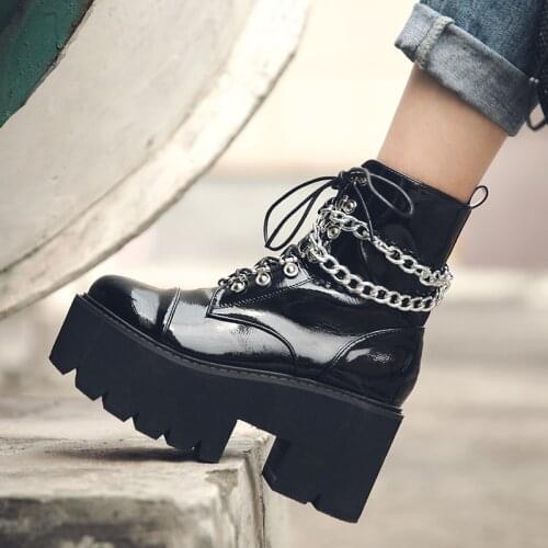 New womens boots round toe waterproof platform foam platform patent leather chain zipper lace high heel wedge heel ankle boots