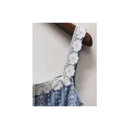 Women Blue Playsuits Lace Hollow out Square Collar Sleeveless Ladies Sling Rompers with Sashes and Pockets 2021 Spring Summer