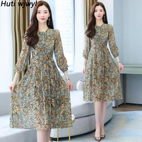 Women Floral Chiffon Elegant Bodycon Midi Dress Spring Autum Korean Vintage Casual Beach Sundress 2021 Female Boho Party Vestido